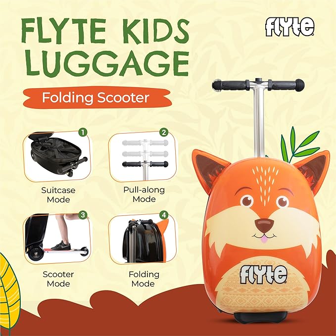 FLYTE Scooter Suitcase Folding Kids Luggage – Frazer the Fox, 18 Inch Hardshell, Ride On with Wheels, 2-in-1, 25 Litre Capacity