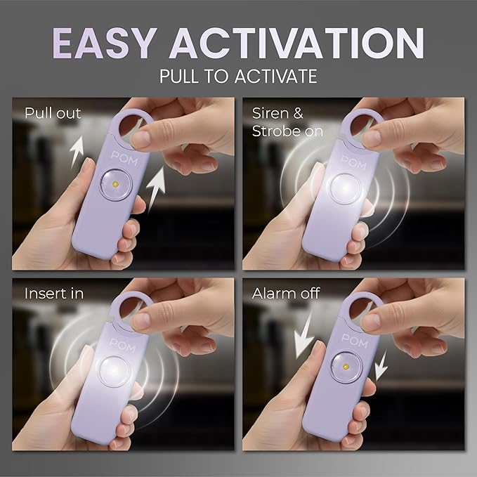 POM Personal Safety Alarm for Women – 130dB Loud Emergency Siren, USB-C Rechargeable with Bright LED Flashlight, Portable Keychain Design for Self Defense, Purse, Backpack & Travel (Lavender)