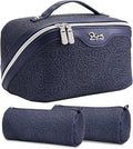 BOYATU Travel Makeup Bags Cosmetic Organizer Bag: 3 Pcs Set Large Capacity Make up Bag with Compartments - Waterproof Leather Toiletry Bags with Handle for Women (A-Dard Blue)