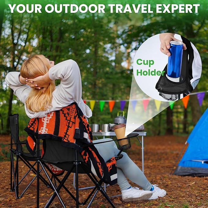 2 Pack Lightweight Folding Camping Chairs, Outdoor Lawn Beach Chair with Cup Holder & Carry Bag for Travel, Fishing, Picnic, Backyard, Hiking (Black, Medium)