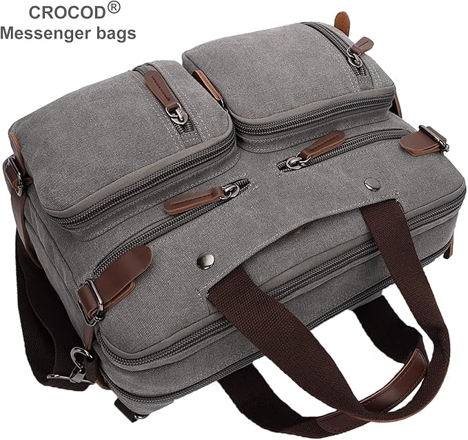 CROCOD 3 In 1 Canvas Convertible Laptop Bag for Men Women, 17.3 inch Laptop Messenger Bag Work Briefcase, Computer Shoulder Bag for Travel Business Office (17.3 Inch, Grey) | 3 In 1, Multi-pocket