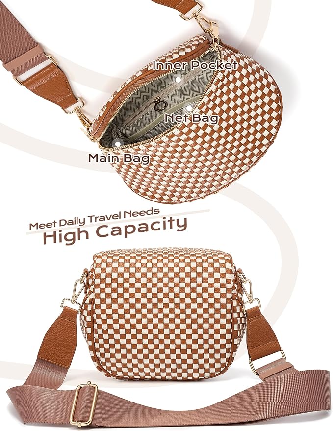 Trendy Woven Checkered Crossbody Bum Bag for Women，PU Leather Checkered Purse Fanny Packs Belt Bag (Woven Bum Bag - Brown White)