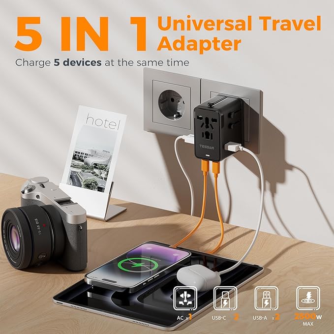 TESSAN Universal Travel Adapter, 65W International Power Adapter with 4 USB Charging Ports (2 USB C), Worldwide Plug Adaptor for US to Europe UK Italy Spain France Ireland Australia (Type C G A I)