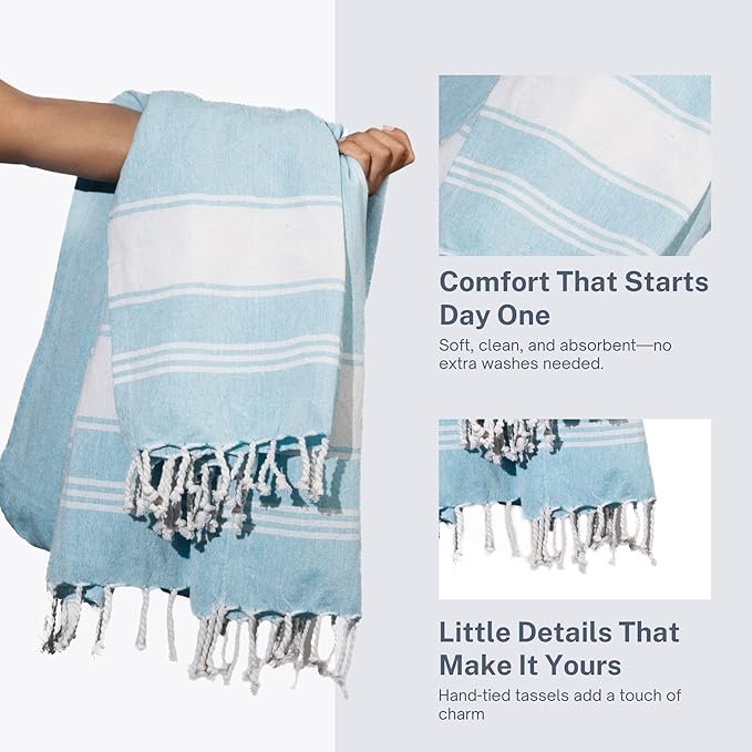 Cotton Turkish Beach Towel with Towels Oversized 36"x72" Pool Absorbent Extra Large Quick Dry Sand Travel Towel (Aqua Blue, 4 Pack)