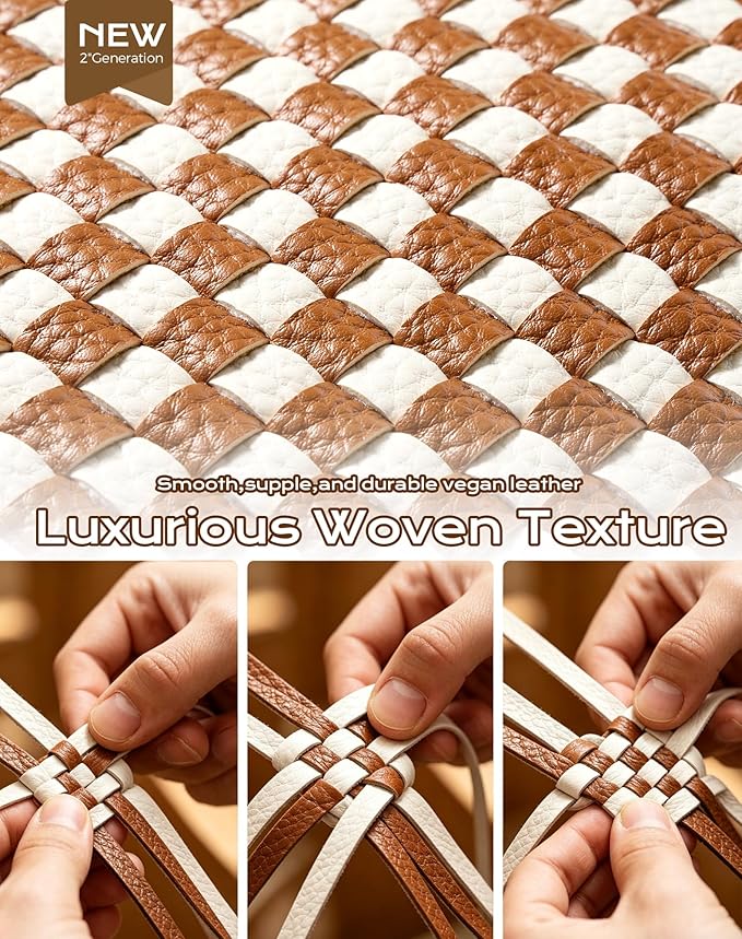 Trendy Woven Checkered Crossbody Bum Bag for Women，PU Leather Checkered Purse Fanny Packs Belt Bag (Woven Bum Bag - Brown White)