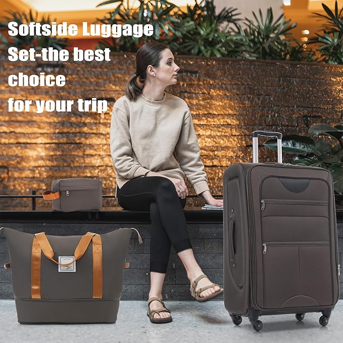 Lightweight Expandable Softside Luggage Sets 3 Piece, Large Capacity Travel Suitcase with Spinner Wheel, TSA Lock, Easy Access Design and Adjustable Telescoping Handle (Brown)