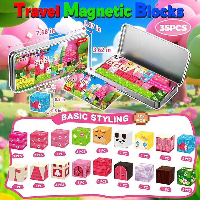 Princess Magnetic Building Blocks Travel Toys - 35PCS Magnet Cubes for Kids Ages 4-8, STEM Learning Toys, Portable Magnetic Toys Set for Toddlers 3-5, Boys & Girls，Birthday Gifts, Classroom Prizes