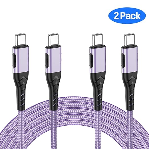 Durcord USB C to USB C Cable, 2Pack 100W 6ft USB C Charger Cable Fast Charging for Android/Phone/Pad, Type C to Type C Charger Braided USB Cable Compatible with Phone 16/15 Pro Plus Max Purple