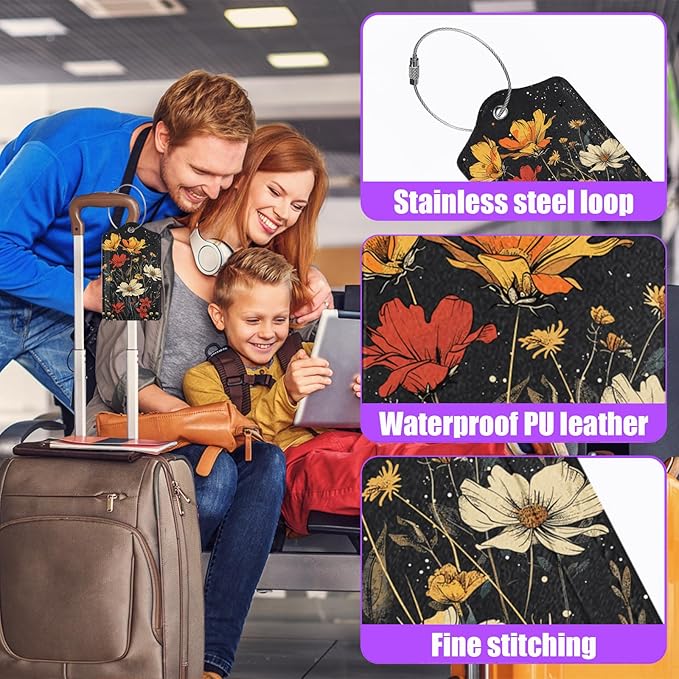 3 Pack Colorful Boho Flowers Luggage Tags for Suitcase Floral PU Leather Travel Luggage Tag Privacy Cover ID Label for Women Men Baggage Backpack Handbag School Bag