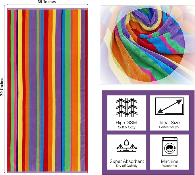 COTTON CRAFT Oversized Beach Towel - 2 Pack 35x70 XL Summer of Siam Towel Set - 100% Cotton Pool Bath Towel - Terry Jacquard Velour 450 GSM Plush Super Soft Absorbent Luxury - Multi Color Stripe