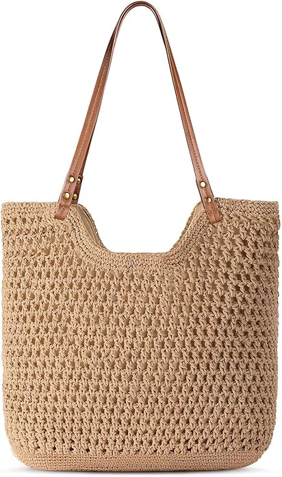 Pleneal Crochet Beach Bag, Summer Woven Tote Bag with Lining, Soft Purse Shoulder Bags for Vacation