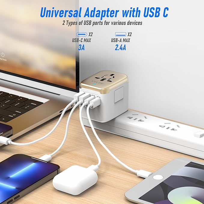 VYLEE Universal International Power Travel Plug Adapter, 5 in 1 European Travel Plug Adapter W/ 3.5A 2xUSB-A and 2xUSB C Wall Charger and Worldwide AC Outlet for Europe USA UK AUS Asia (White Gold)