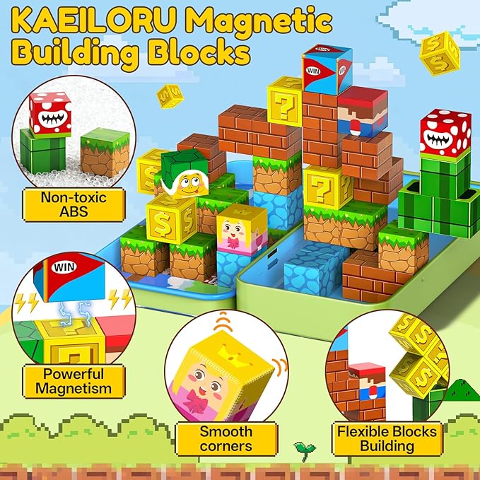 KAEILORU Magnetic Blocks Travel Toys for Kids Ages 4-8, 35 PCS Magnetic Cubes STEM Learning Set with Portable Iron Storage Box Construction Learning Toys for Toddlers Ages 3-5