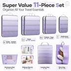 Veken 11 Set Compression Packing Cubes for Travel Essentials,Compressible Expandable Large Luggage Suitcase Organizer Bags for Clothing,Durable Space Saver Storage Bags(Light Purple)