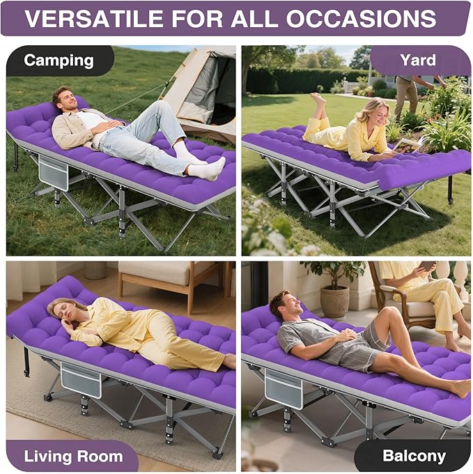 ZENPETIO 28In Folding Camping Cot for Adult, Portable Sleeping Cot with Mattress, Outdoor Heavy Duty Cot Bed for Camp with Carry Bag for Home, Office, Camp, Travel, Vacation-Purple