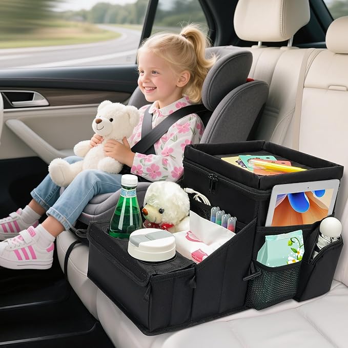 Car organizer for kids ，Backseat Organizer for Kids and Passenger Seat Organizer for Adults ，Car Seat Cooler and Warmer with Cup Holders and Convertible Tray Lid(Black)