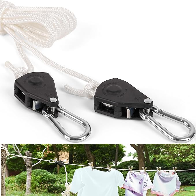 Retractable Travel Clothesline, Heavy Duty Clothes Line Rope with Adjustable Pulley and Carabiner Rope for Outdoor Camping Indoor Home Travel Clothes Drying 16.5FT