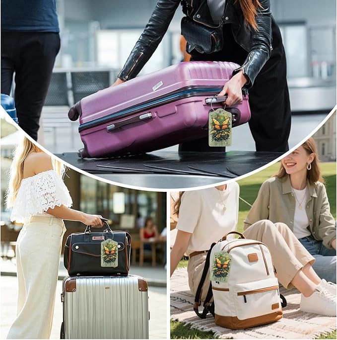 3 Pack Colorful Butterfly Leaves Luggage Tags for Suitcase Flowers PU Leather Travel Luggage Tag Privacy Cover ID Label for Women Men Baggage Backpack Handbag School Bag