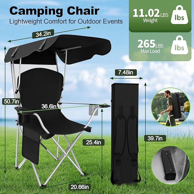 VTOY Portable Camping Chair with Canopy - Folding Chair with Canopy, Durable 600D Oxford Canopy Chair for Camping, Beach, Picnics, Fishing & Sports