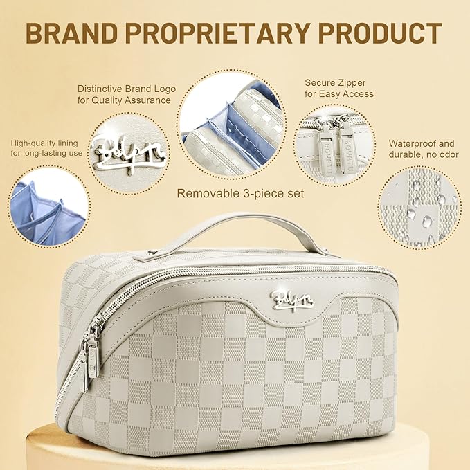 BOYATU Travel Makeup Bag Organizer: 3 Pcs Set Large Capacity Cosmetic Bags Holds 10–20 100ml Full-Size Bottles - 180°Open-Flat Make up Case 3-sec touch-up - Toiletry Bag Gift women (01-D-Beige)