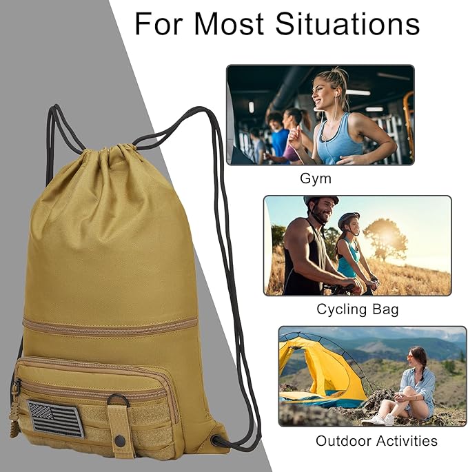 seyfocnia Drawstring Backpack Tactical String Bag with Zipper Pockets Waterproof Cinch Bag Sport Gym Sackpack - Khaki