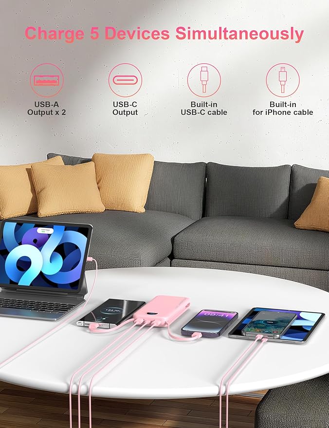 Portable Charger with Wall Plug, 10000mAh USB C Power Bank Fast Charging, External Battery Pack with Built in Cables, Digital Display, 5 Output 4 Input for iPhone Android Cell Phone Tablet