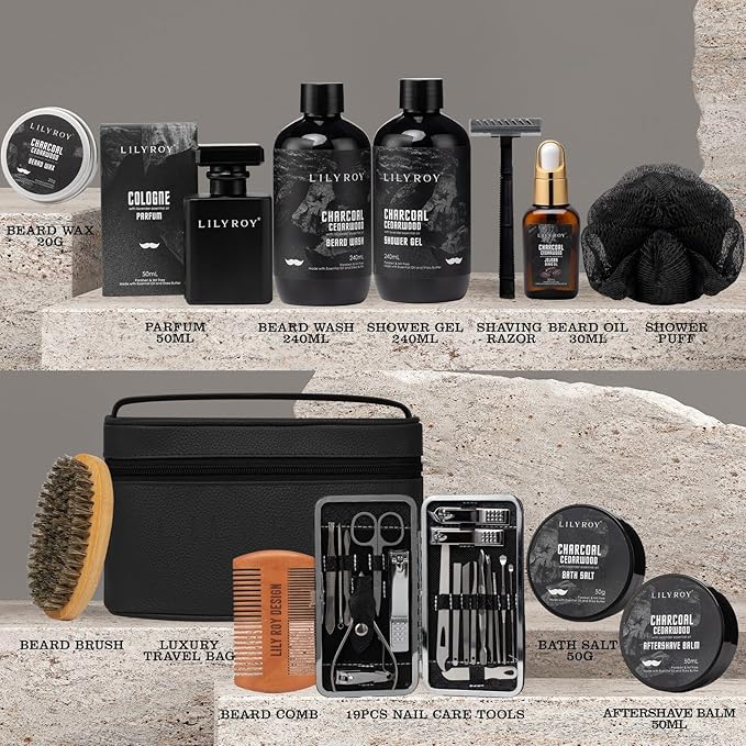Fathers Day Gifts for Men - Bath and Beard Gift Set for Men, Bath & Body Care Kit for Him with Beard Wax | Valentines Day, Christmas, Birthday, Spa Kit Travel Bag Gift for Dad