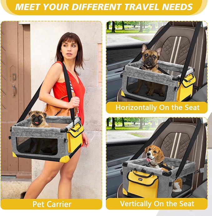 GENORTH Dog Car Seat for Small Pets Up to 20 lbs, with Storage Pocket and Dual Clip-On Safety Leash, Foldable and Washable Design