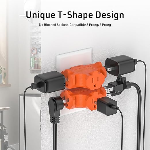 3-Pack 3 Way Plug Adapter, ETL Listed 3 Outlet Grounded Wall Outlet Splitter, 3 Prong Multi Outlet Adapter, 15A 125V 1875W, Power Splitter for Home, Office or Travel, Orange.