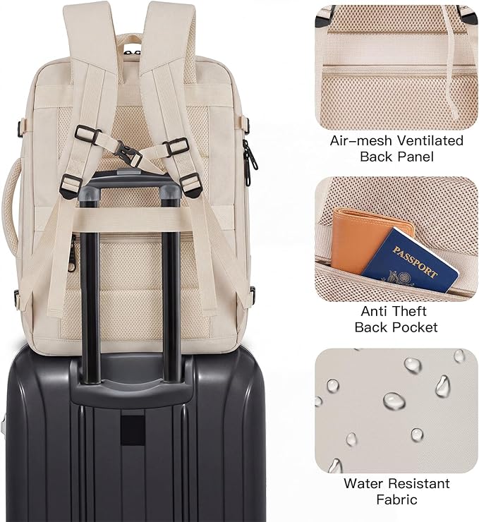 Gieury Travel Backpack, Extra Large 50L Expandable Backpack for Men Women, Carry On Backpack For Airplanes, Travel Essentials Luggage Suitcase Daypack Travel Gift Weekender Bag, Beige