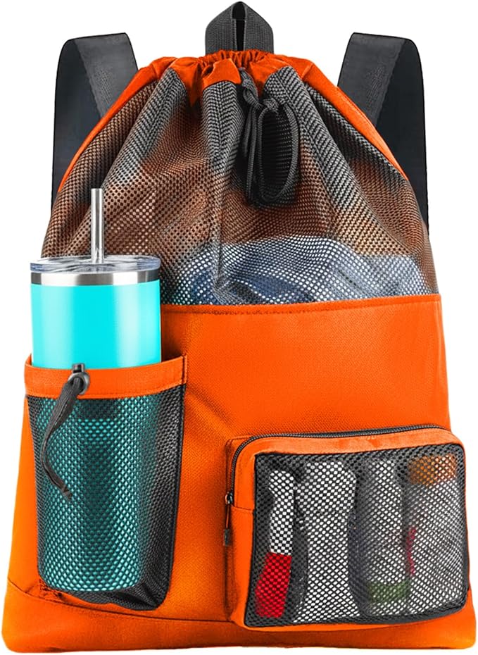 HOHOM Swim Mesh Beach Bag, Waterproof Gym Bags for Women and Men, Large Pool Bag Swimming Gear Drawstring Backpack