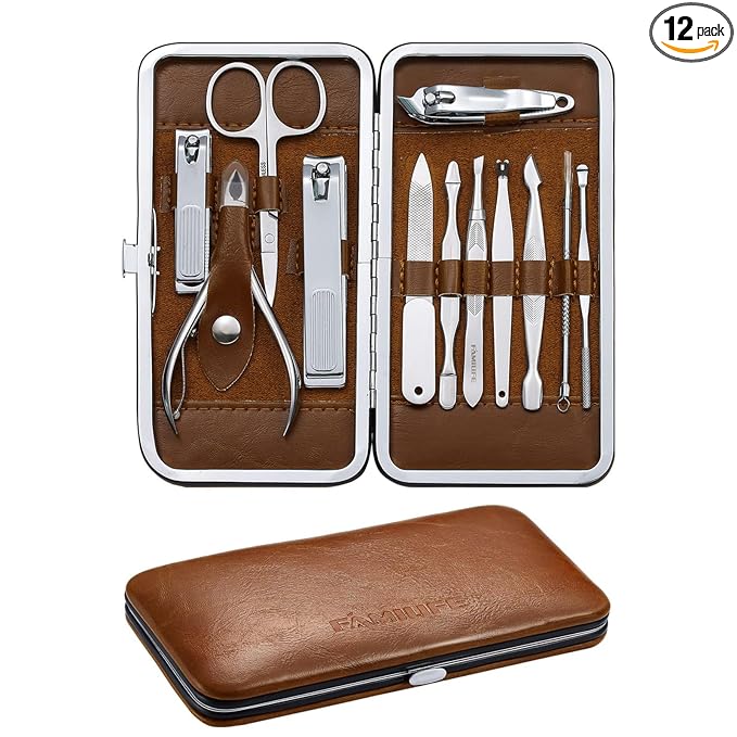 FAMILIFE Manicure Set, Professional Nail Kit Nail Clipper Set, 12PCS Stainless Steel Manicure Kit, with Brown Leather Travel Case Luxury Gifts for Him