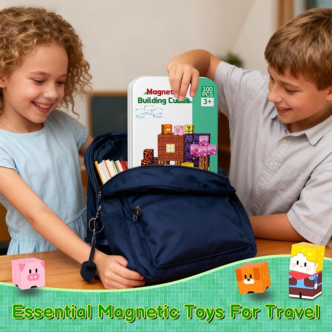 Magnetic Blocks Travel Magnetic Building Blocks Cubes - 100 PCS Tin Box Magnet Toys Set STEM Educational Stacking for Kids Ages 3 4 5 6 7 8 9 10 11 12 Year Old Boys Girls Birthday Christmas