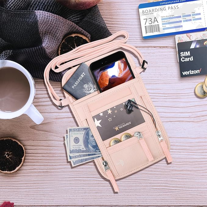 WALNEW Passport Holder Neck Pouch Travel Wallet for Women and Men, RFID Blocking Security Slim Traveling Wallet with Around Neck Lanyard Strap, Pink