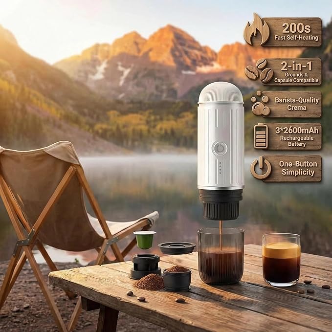 Portable Electric Espresso Machine Self-heating with USB-C, 12V 7800mAh Long battery life Travel Coffee Maker for Camping Hiking Office Car Compatible with NS Capsules & Ground Coffee