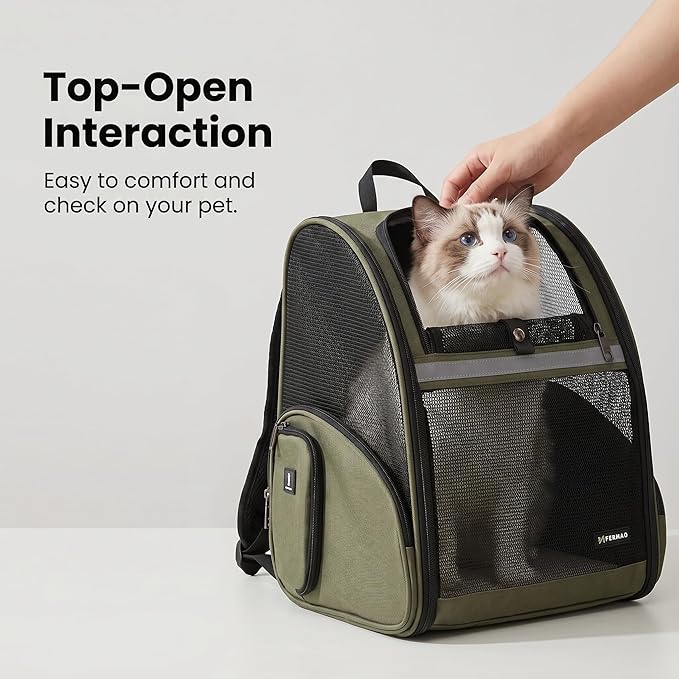 Cat Backpack Carrier for Small Dogs and Medium cat Puppy Kitten Bunny Pet Carrier Backpack Collapsible with Fully Ventilated Mesh with Safety Leash (DarkGreen, 12.9" L x 10.62" W x 15.5" H - M)