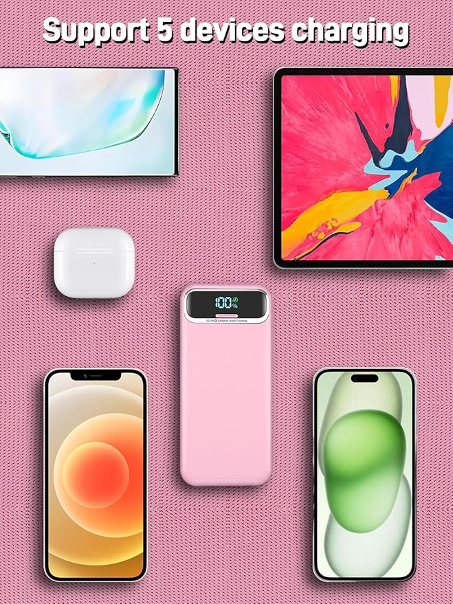 Portable Charger, 20000mAh 22.5W Fast Charging Power Bank with Built-in Cables & Wall Plug, Travel Essential External Battery Pack with LED Display, USB C Battery Phone Charger for iPhone Samsung Pink