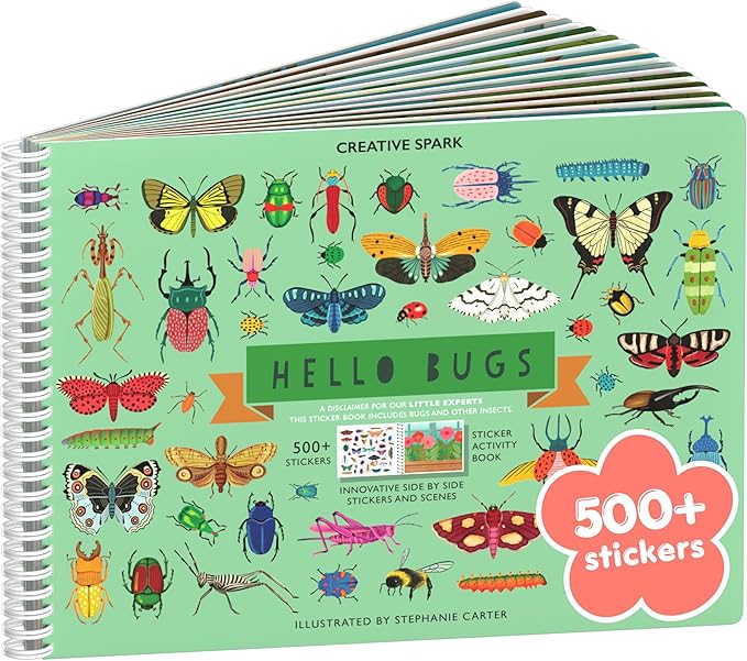 Cupkin Hello Bugs Sticker Book Activity for Kids, Toddler Airplane Travel Essentials, 500+ Bugs Stickers for Kids + 12 Scenes + 12 Coloring Book Pages, Bug Lover Gift, Children's Crafts Ages 2–8 Years