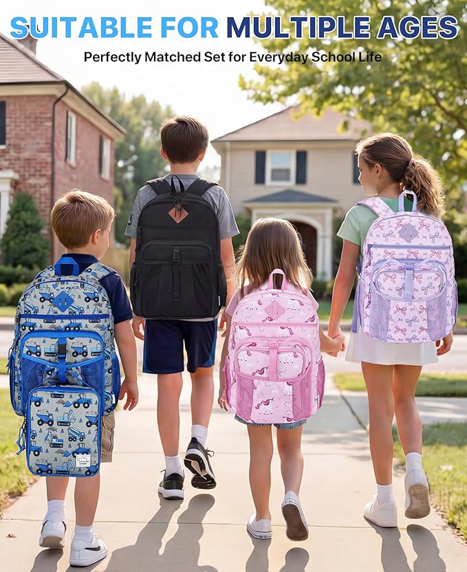 VASCHY Boy Kids Backpack & Lunch Bag Set, 2-in-1 School Bookbag with Insulated Lunch Box for Preschool, Daycare, Kindergarten & Elementary School – Construction Trucks