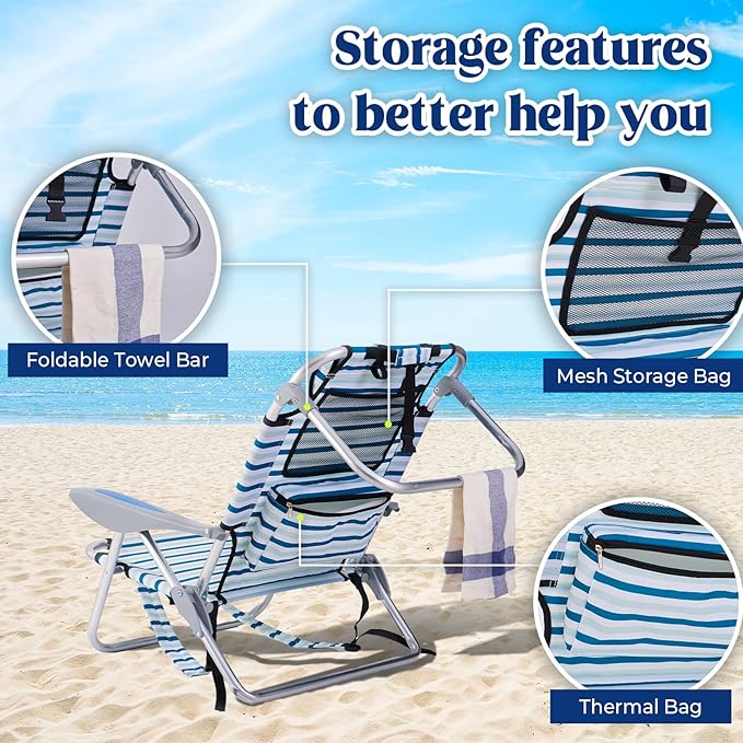 2 Pack Lightweight Portable Camping Beach Chair for Adults, Outdoor Lay Flat Folding Beach Chairs with 5 Positions, Backpack Beach Chair with Towel Bar, Zipper Pouch, Cup Holder, White Striped