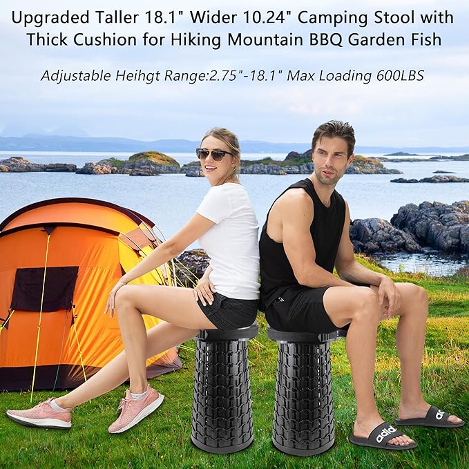 ALEVMOOM Upgraded Collapsible Stool with Cushion,600LBS Max Weight,18.1" Height Adjustable,Sturdy Portable Telescoping Stool,Folding Camping Stool for Outdoor Hiking Travel