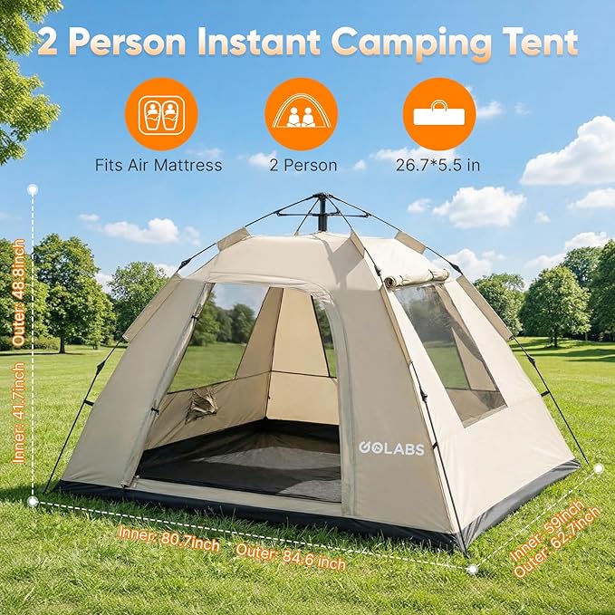 Golabs CT3 2 Person Instant Camping Tent, 1-Minute Setup by Pre-Attached Pole, 4 Side Mesh & Door Ventilation, Lightweight 4.8lbs Portable Design with Carry Bag, Inner Storage Pockets & Hooks for Park
