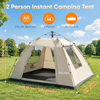 Golabs CT3 2 Person Instant Camping Tent, 1-Minute Setup by Pre-Attached Pole, 4 Side Mesh & Door Ventilation, Lightweight 4.8lbs Portable Design with Carry Bag, Inner Storage Pockets & Hooks for Park