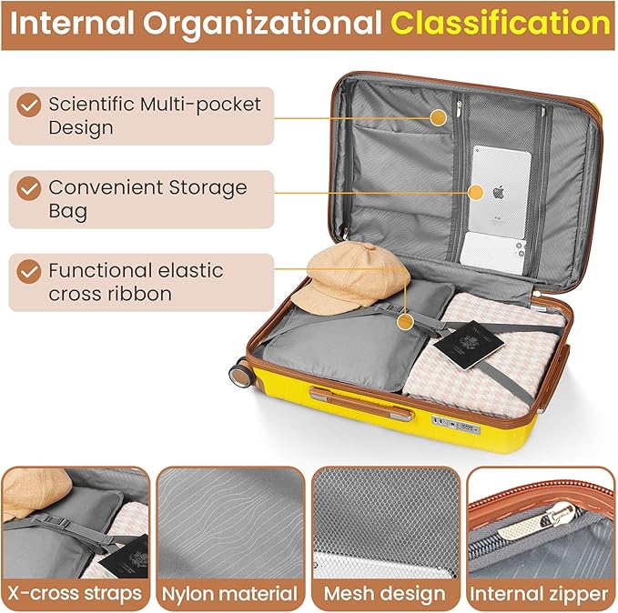 Hard Shell Luggage Sets 4 Piece with 360 Spinner Wheels,Lightweight Suitcase Set with TSA Lock,Travel Luggage Set with Telescoping Handle,Light and Strong,Easy to Clean (Yellow)