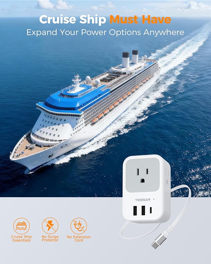 TESSAN European Travel Plug Adapter 2 Pack, Built-in 20W Retractable USB-C Cable, Type C Power Adapter with 3 AC Outlets 4 USB Ports for US to Europe EU Italy Spain France Greece Iceland Germany