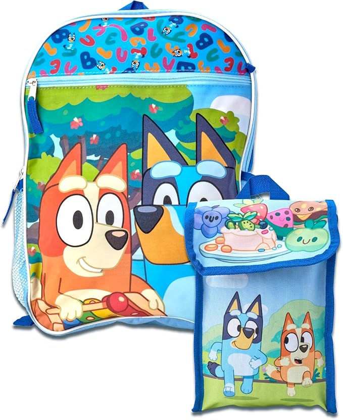 Fast Forward Bluey Kids Backpack and Lunch Box Set - 15" Bookbag Backpack for Boys & Girls with Detachable Lunch Bag Set, Bluey Blue And Friends