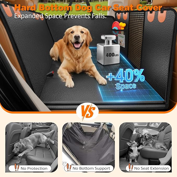 URPOWER PU Leather Backseat Extender for Dogs, Hard Bottom Dog Car Seat Cover for Back Seat, Holds 400 LBS, Waterproof Dog Car Hammock Anti-Scratch Pet Rear Seat Protector Travel Bed for Car and SUV