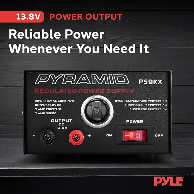 Pyramid PS9KX Universal Compact Bench Power Supply-5 Amp Linear Regulated Home Lab Benchtop Converter w/ 13.8 Volt DC 115V AC 70 Watt Input, Screw Type Terminal, 12V Car Cigarette Lighter