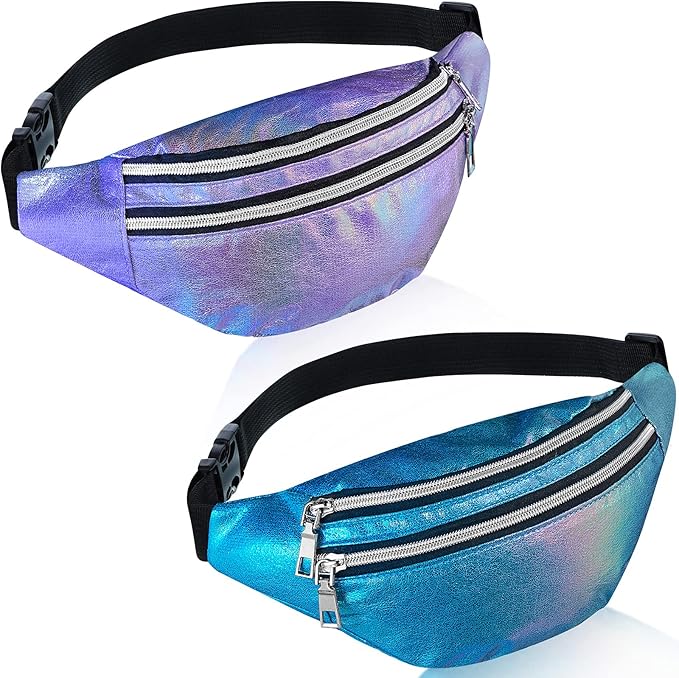 Frienda 2 Pieces Holographic Fanny Pack for Women Colorful Sport Waist Bag Pack