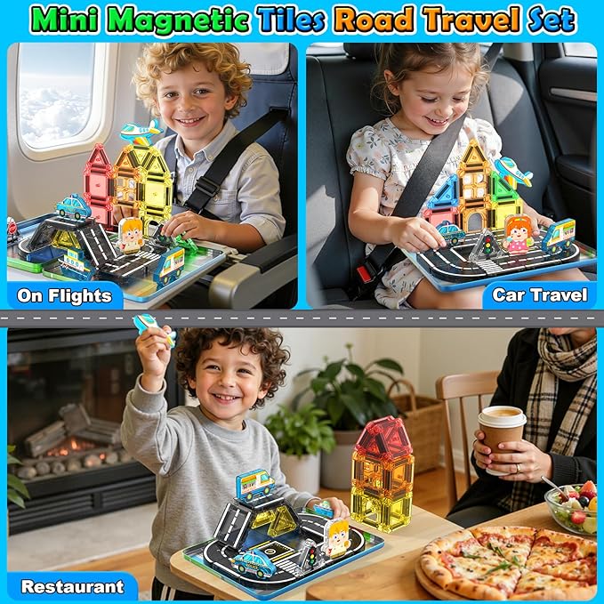 Mini Magnetic Tiles Road Travel Essentials Set — Portable STEM Sensory Magnetic Building Blocks for Toddlers & Preschool Toys, Compact Travel Toys for 3+ Boys & Girls, Easter Birthday Gift
